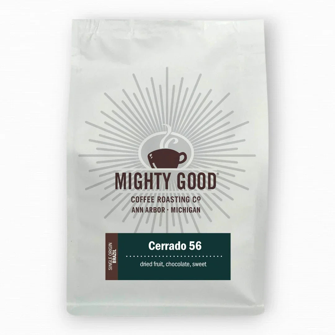Mighty Good Coffee Cerrado 56 12oz bag – single origin Brazilian coffee with tasting notes of dried fruit, chocolate, and sweetness. Specialty coffee roasted in Ann Arbor, Michigan by Mighty Good Coffee Roasting Co.