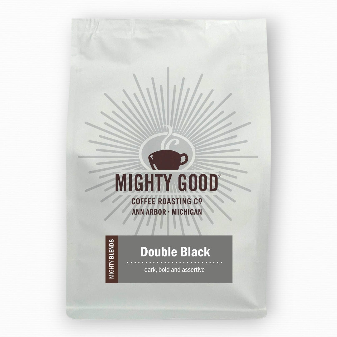 Mighty Good Coffee Double Black 12oz bag – a dark, bold, and assertive specialty coffee blend, roasted in Ann Arbor, Michigan by Mighty Good Coffee Roasting Co.