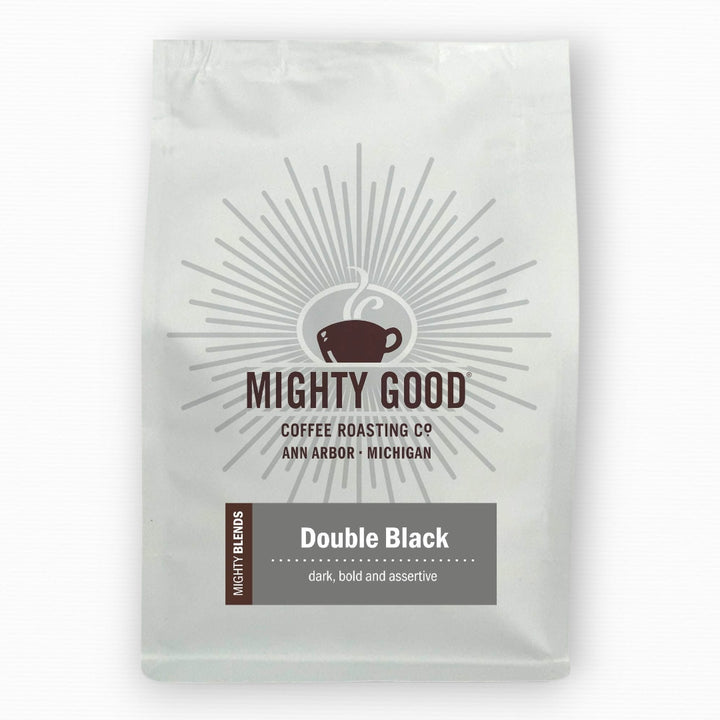 Mighty Good Coffee Double Black 12oz bag – a dark, bold, and assertive specialty coffee blend, roasted in Ann Arbor, Michigan by Mighty Good Coffee Roasting Co.