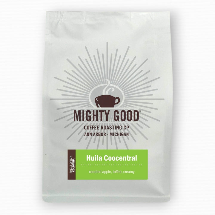 Mighty Good Coffee Huila Coocentral 12oz bag – single origin Colombian coffee with tasting notes of candied apple, toffee, and creamy body. Specialty coffee roasted in Ann Arbor, Michigan by Mighty Good Coffee Roasting Co.
