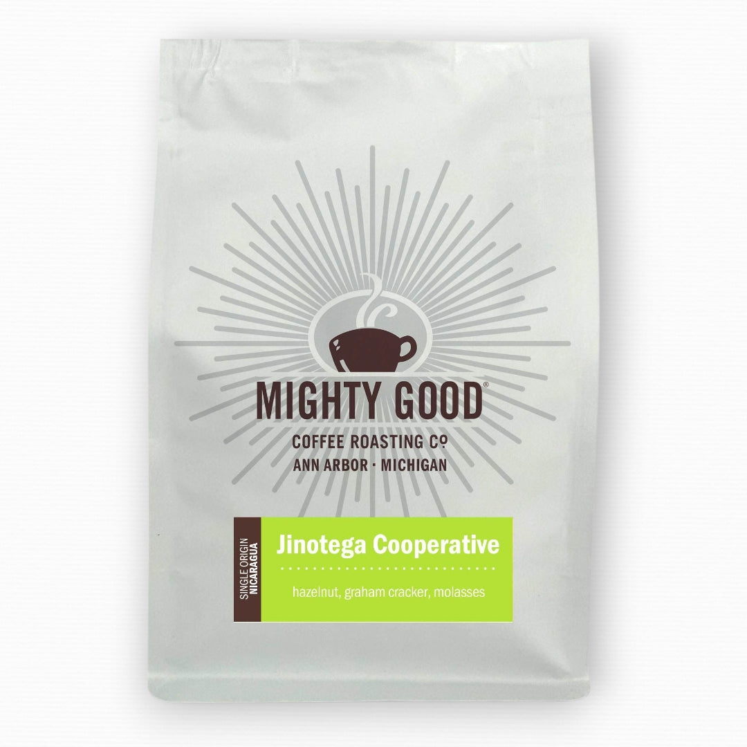 Mighty Good Coffee Jinotega Cooperative 12oz bag – single origin Nicaraguan coffee with tasting notes of hazelnut, graham cracker, and molasses. Specialty coffee roasted in Ann Arbor, Michigan by Mighty Good Coffee Roasting Co.