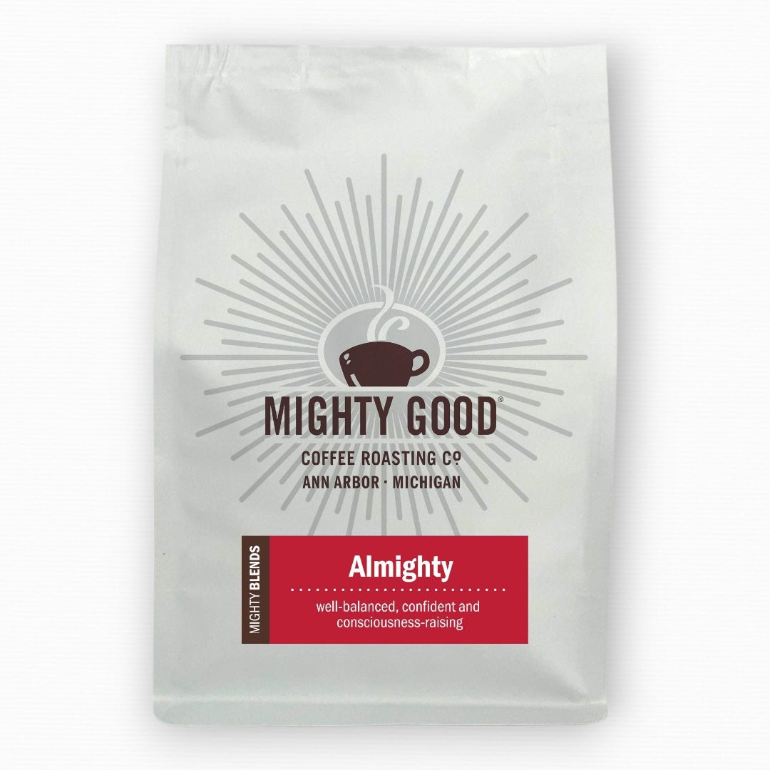 Mighty Good Coffee Almighty Blend 12oz bag – a well-balanced, confident, and consciousness-raising specialty coffee blend, roasted in Ann Arbor, Michigan by Mighty Good Coffee Roasting Co.