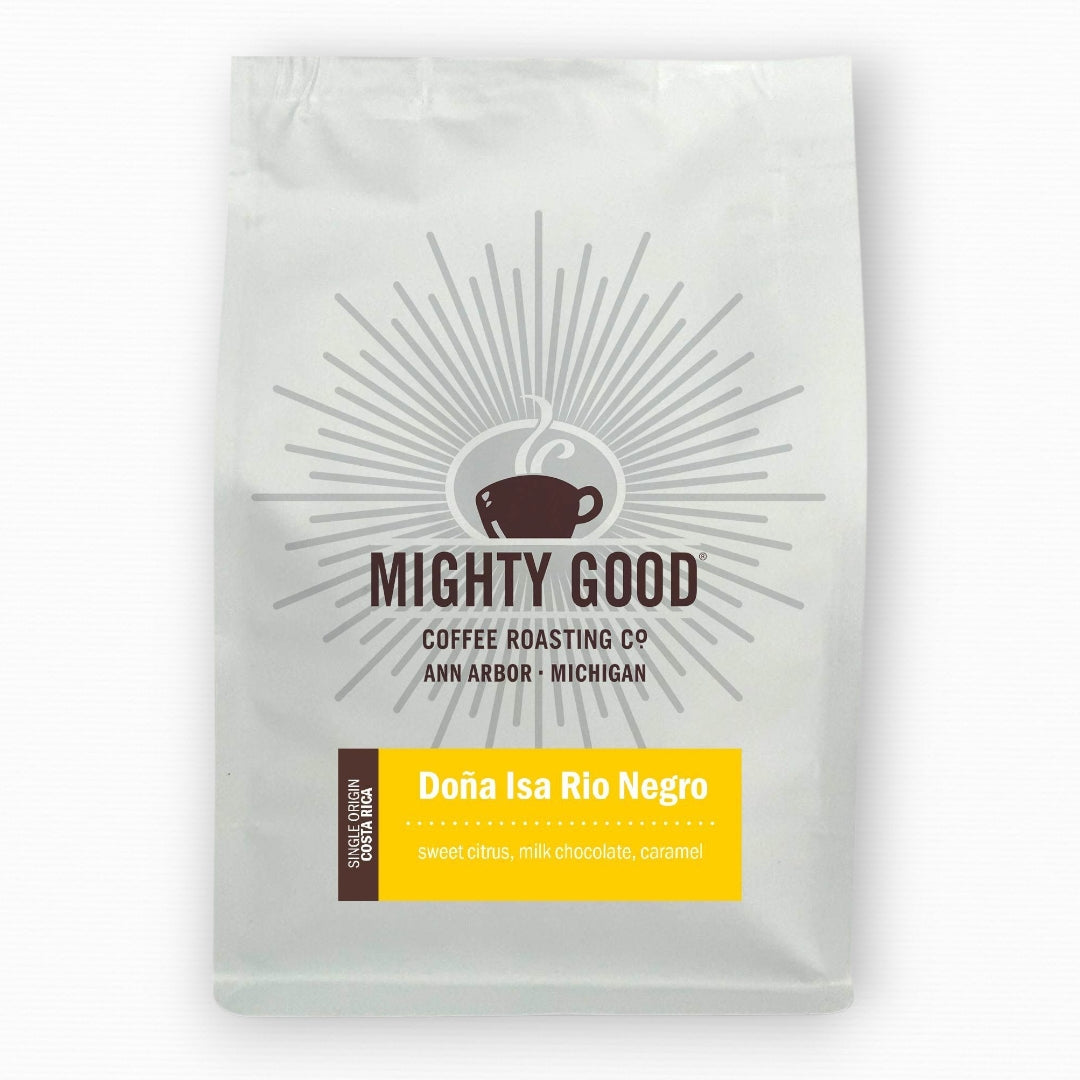 Mighty Good Coffee Doña Isa Rio Negro 12oz bag – single origin Costa Rican coffee with tasting notes of sweet citrus, milk chocolate, and caramel. Specialty coffee roasted in Ann Arbor, Michigan by Mighty Good Coffee Roasting Co