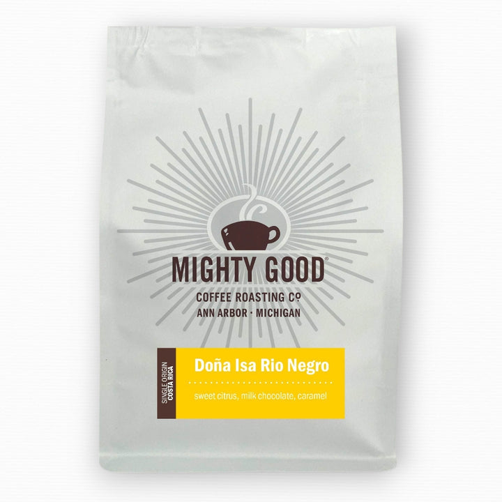 Mighty Good Coffee Doña Isa Rio Negro 12oz bag – single origin Costa Rican coffee with tasting notes of sweet citrus, milk chocolate, and caramel. Specialty coffee roasted in Ann Arbor, Michigan by Mighty Good Coffee Roasting Co