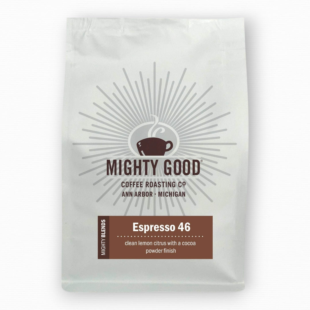 Mighty Good Coffee Espresso 46 12oz bag – a smooth espresso blend with clean lemon citrus notes and a cocoa powder finish. Specialty coffee roasted in Ann Arbor, Michigan by Mighty Good Coffee Roasting Co.