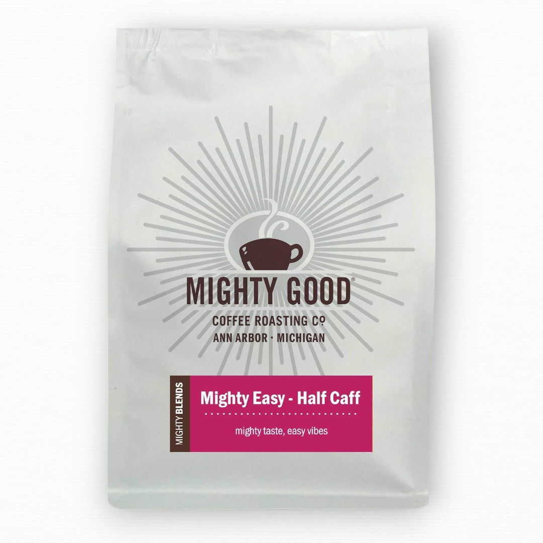 Mighty Good Coffee Mighty Easy Half Caff 12oz bag – a smooth, flavorful half-caffeinated coffee blend offering mighty taste with easy-going vibes. Specialty coffee roasted in Ann Arbor, Michigan by Mighty Good Coffee Roasting Co.