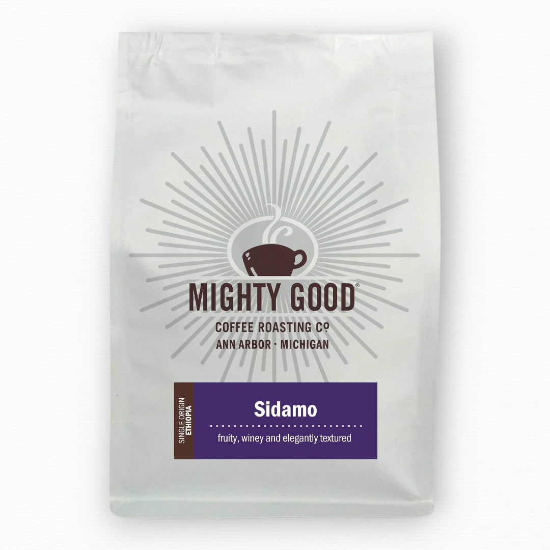 Mighty Good Coffee Sidamo 12oz bag – single origin Ethiopian coffee with tasting notes of fruity, winey, and elegantly textured flavors. Specialty coffee roasted in Ann Arbor, Michigan by Mighty Good Coffee Roasting Co.
